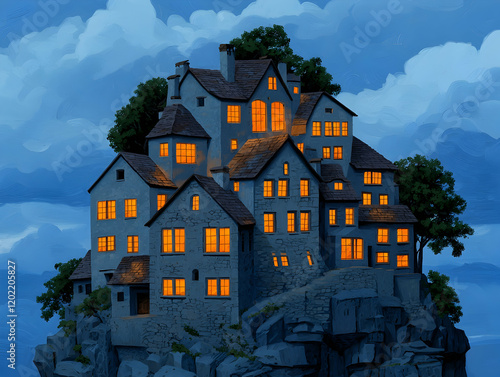 Eerie nightscape of illuminated houses on a hill fantasy environment surreal viewpoint enchanting concept
