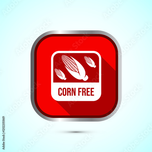 Corn free icon design illustration. Natural products, allergens, Food Intolerance. Red shadow button design