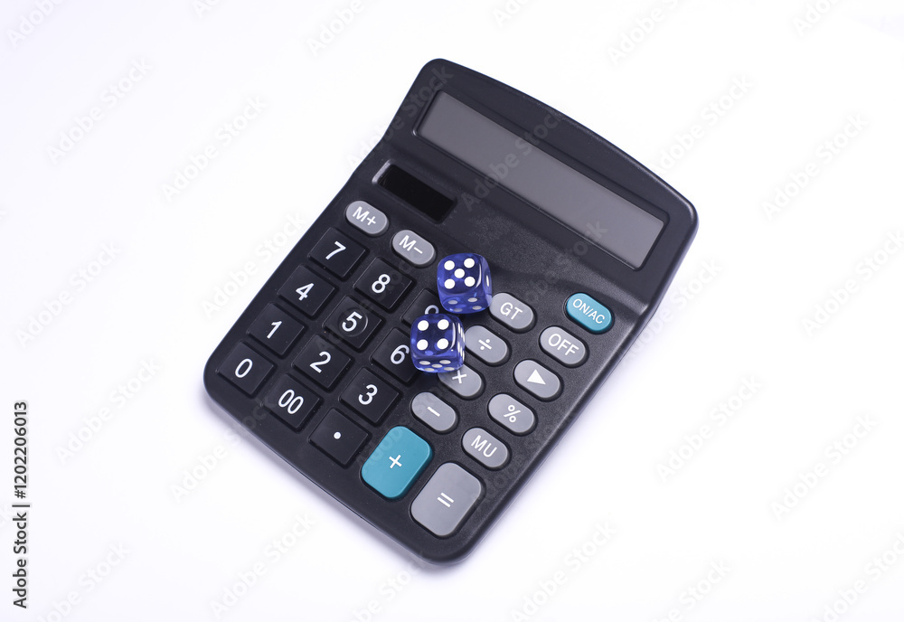 Calculator with dice on white background Calculator with dice on white background