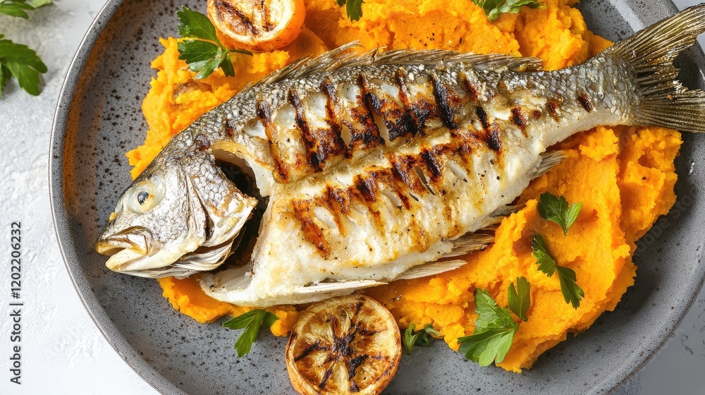 Grilled whole fish on bed of mashed sweet potatoes garnished with grilled lemon slices and parsley on grey plate with copy space