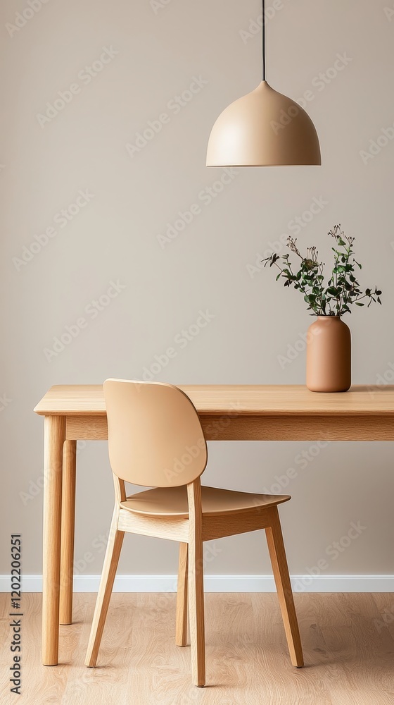 Minimalist modern interior design concepts, Minimalist dining area featuring a wooden table, chair, and a vase with plants under a pendant light. Minimalist modern interior design concepts, Minimalist dining area featuring a wooden table, chair, and a vase with plants under a pendant light.