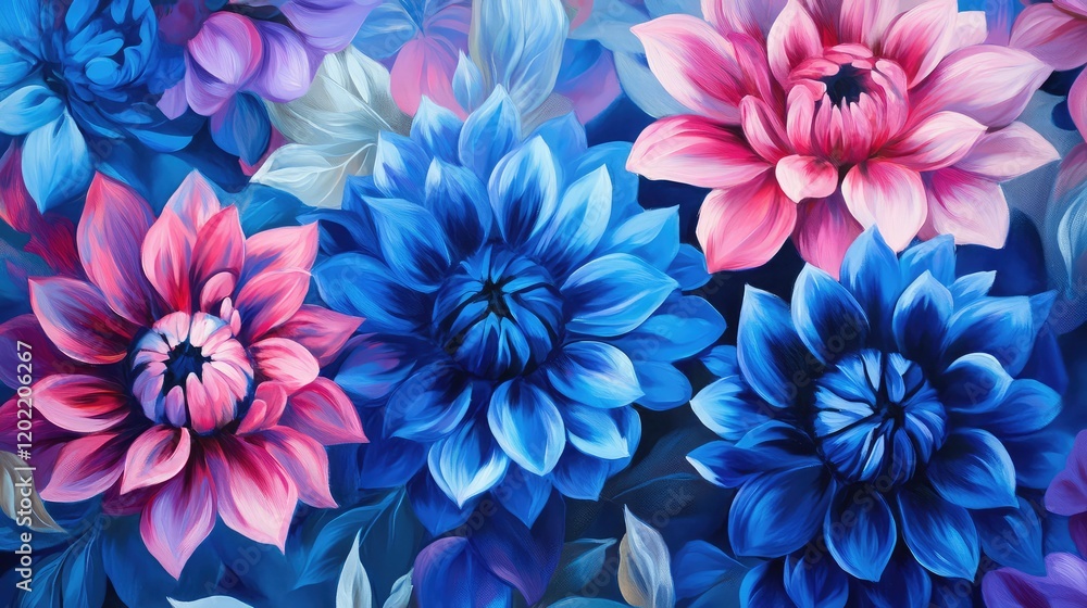 Vibrant blue and pink floral pattern with large blossoms and green leaves on a blue background Copy Space Vibrant blue and pink floral pattern with large blossoms and green leaves on a blue background Copy Space