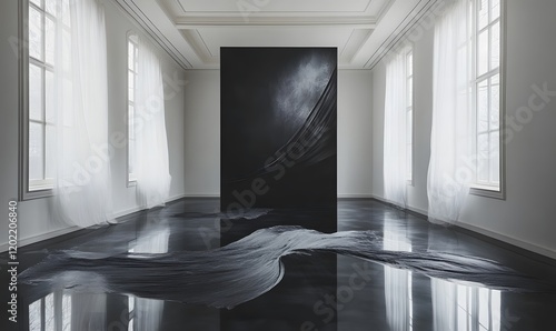 Abstract interior with a dark central element and flowing material on the floor