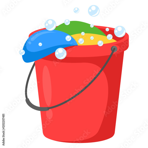 Red bucket filled with piles of t-shirts