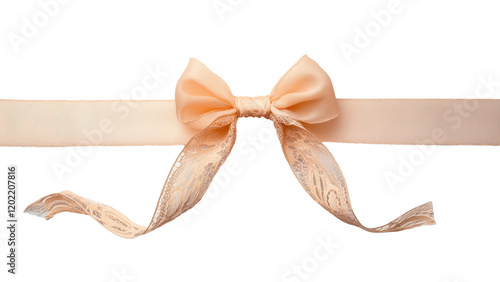 Soft peach ribbon bow with lace accents, perfect for gifts or decorations
