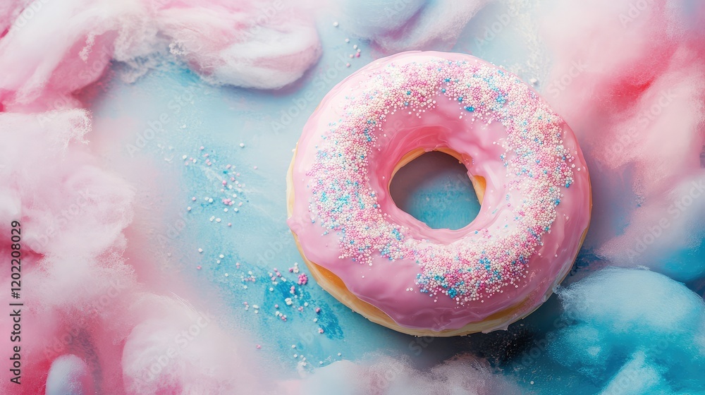 Fototapeta premium Pink frosted donut with colorful sprinkles on a fluffy cotton candy background and pastel colors Copy Space