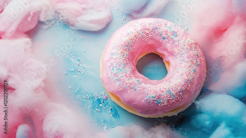 Pink frosted donut with colorful sprinkles on a fluffy cotton candy background and pastel colors Copy Space