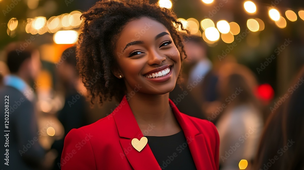 Obraz premium Sophisticated lady in a red blazer smiling with a heart-shaped badge at a formal gathering