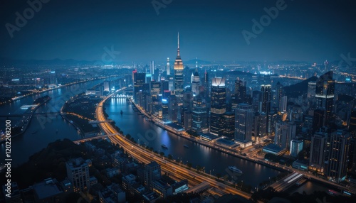 Wallpaper Mural The urban New York City skyline glows at night with building lights and downtown traffic Torontodigital.ca