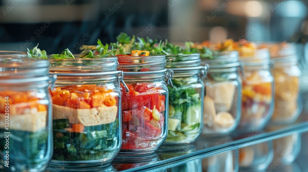 Fresh vegetable jars arranged in a row on a glass shelf with copy space for text Fresh vegetable jars arranged in a row on a glass shelf with copy space for text