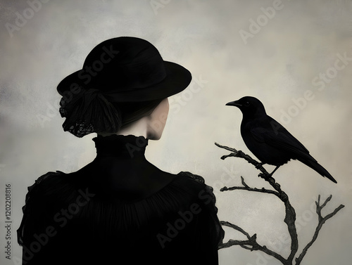 Mysterious woman and black bird surreal setting artistic photography dark atmosphere profile view symbolism of connection photo