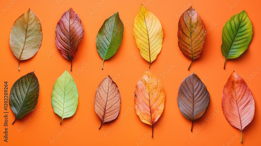 Colorful autumn leaves arranged in rows on a bright orange background with copy space for text placement. Colorful autumn leaves arranged in rows on a bright orange background with copy space for text placement.