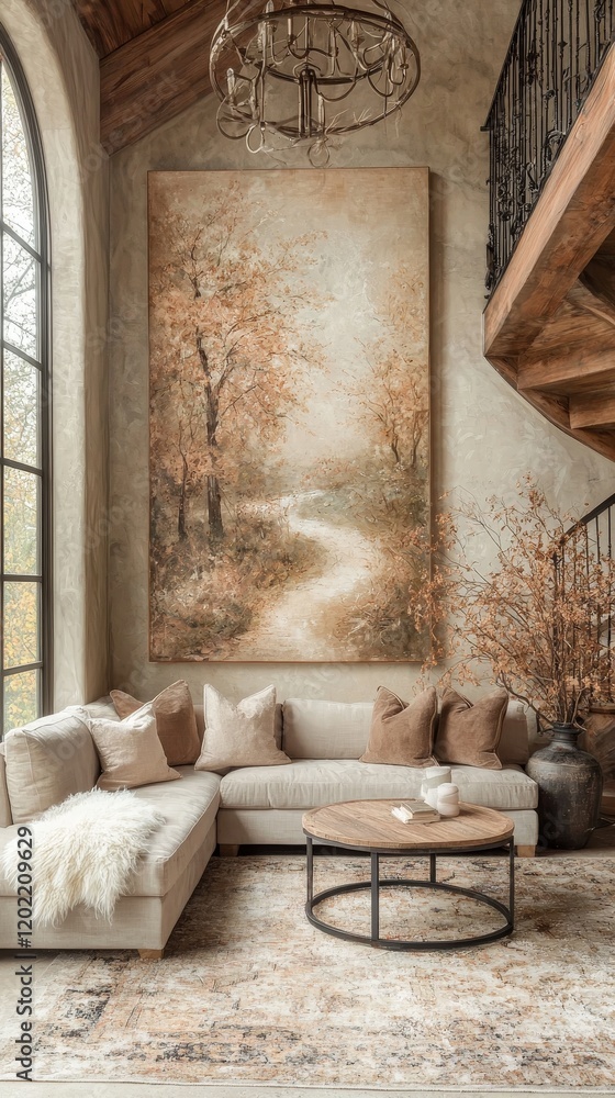 Obraz premium Minimalist modern interior design concepts, Cozy living room featuring a neutral palette, large artwork, and elegant decor elements.