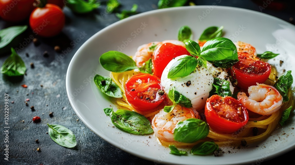 Fresh pasta topped with grilled shrimp, cherry tomatoes, and basil leaves in a white bowl with black background and copy space. Fresh pasta topped with grilled shrimp, cherry tomatoes, and basil leaves in a white bowl with black background and copy space.