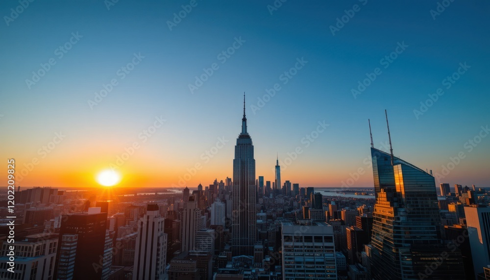 New York City skyline at sunset with skyscrapers and a river in view New York City skyline at sunset with skyscrapers and a river in view