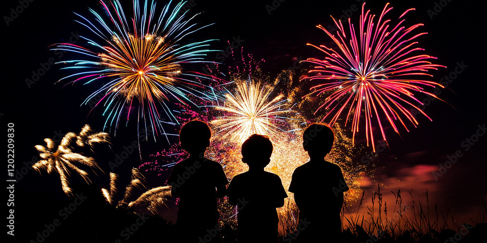Colorful fireworks, kids enjoy the night fireworks
