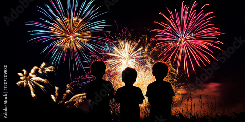 Obraz na płótnie Colorful fireworks, kids enjoy the night fireworks w salonie