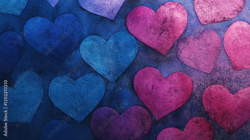Obraz premium Colorful textured hearts on a blue background in various shades of pink and blue with Copy Space for text placement.