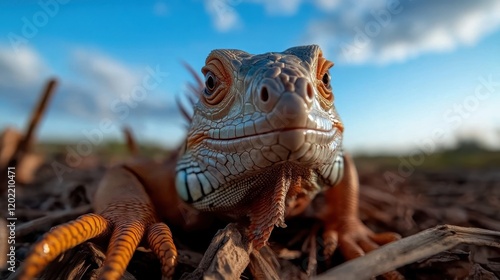 Captured amidst a vivid blue sky, the lizard crawls effortlessly on the ground, offering a snapshot of its natural movement and agility in an open environment. photo