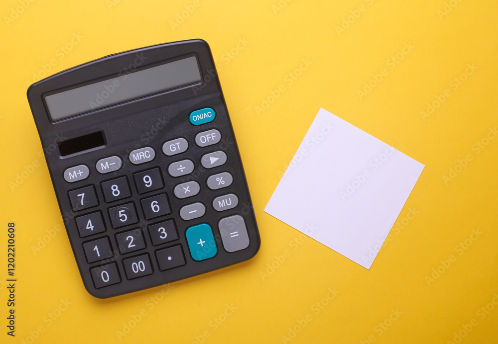 Black classic calculator with white memo paper sheet on yellow background. Top view Black classic calculator with white memo paper sheet on yellow background. Top view