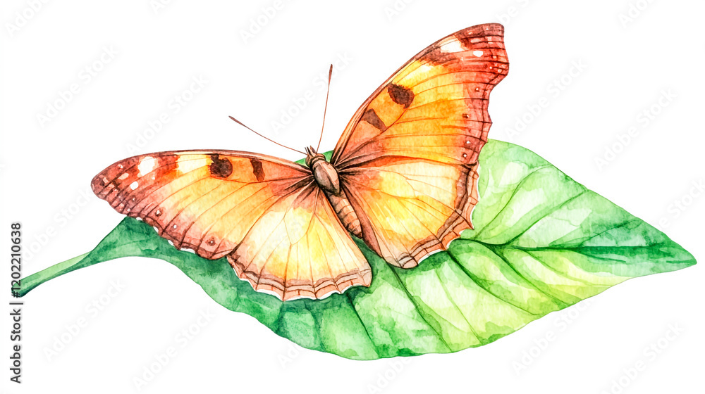 Obraz premium Delicate watercolor illustration of a sweet butterfly resting on a vibrant green leaf, vector clip art design, with a clean flat white background