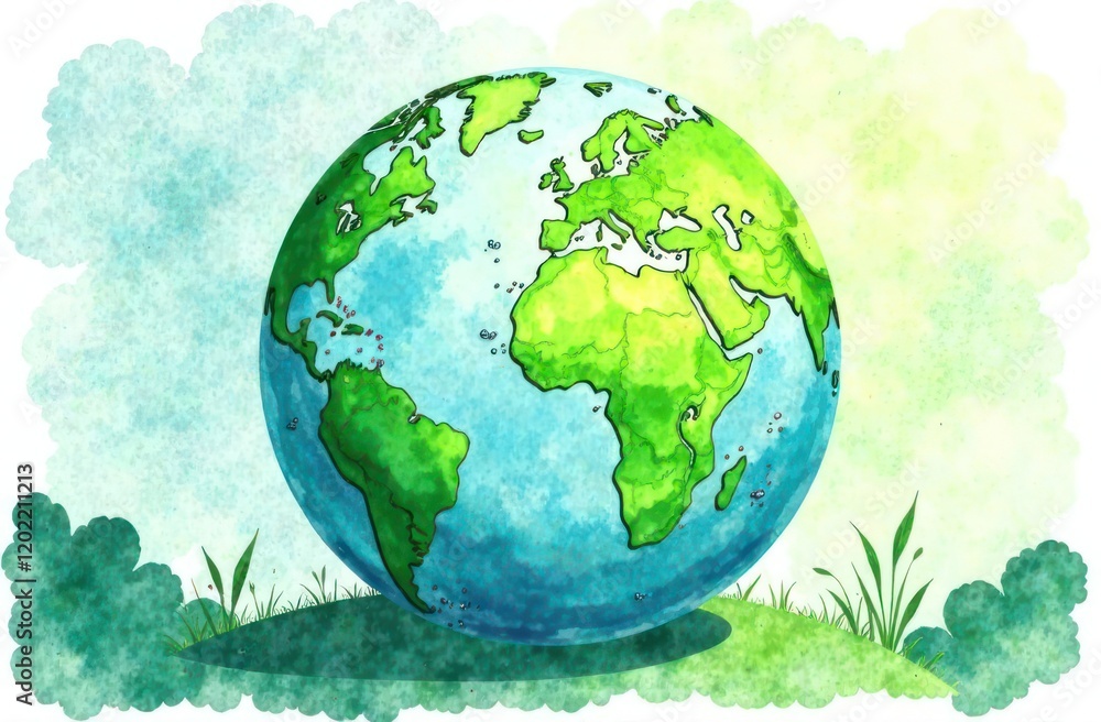 Fototapeta premium green watercolor painting of earth globe with splatters on white background in earth concept of conservation