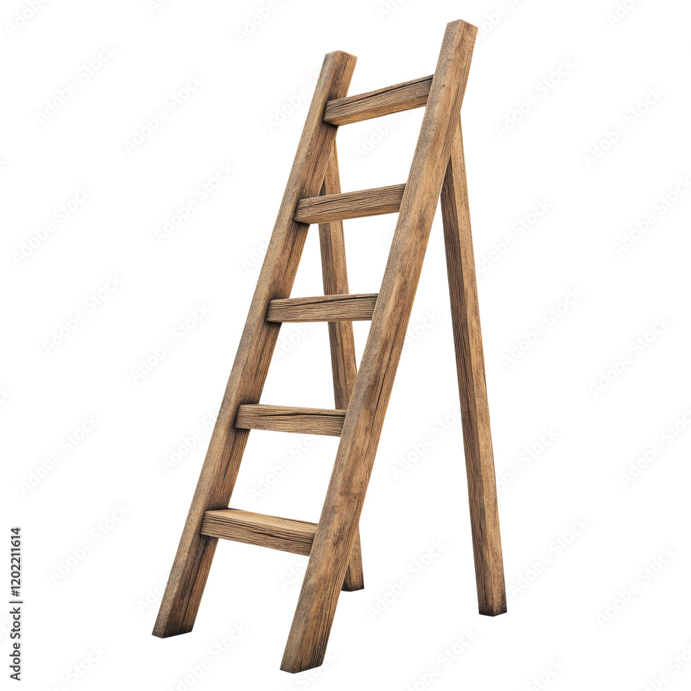 A rustic wooden ladder with five rungs stands alone against a clean white background, a simple yet visually appealing image. A rustic wooden ladder with five rungs stands alone against a clean white background, a simple yet visually appealing image.