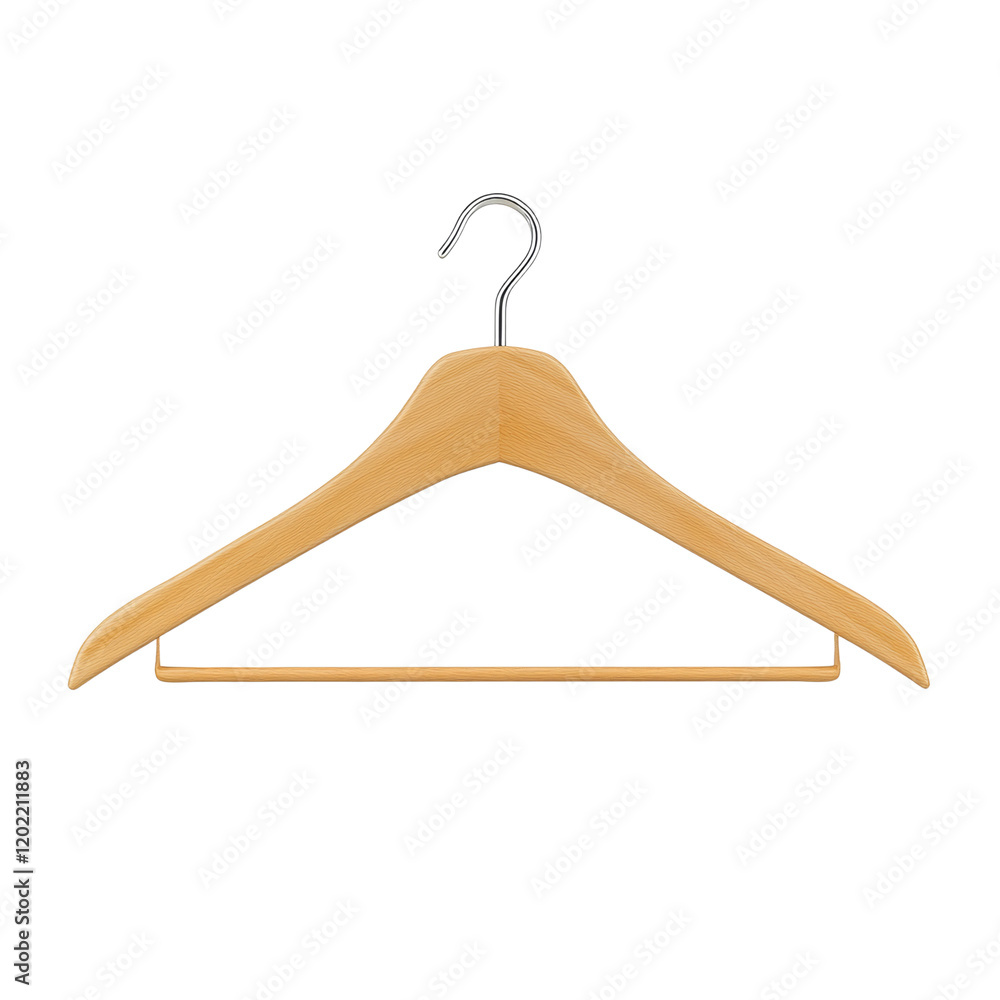 A light brown wooden clothes hanger with a metal hook and a small crossbar is shown against a white background. A light brown wooden clothes hanger with a metal hook and a small crossbar is shown against a white background.