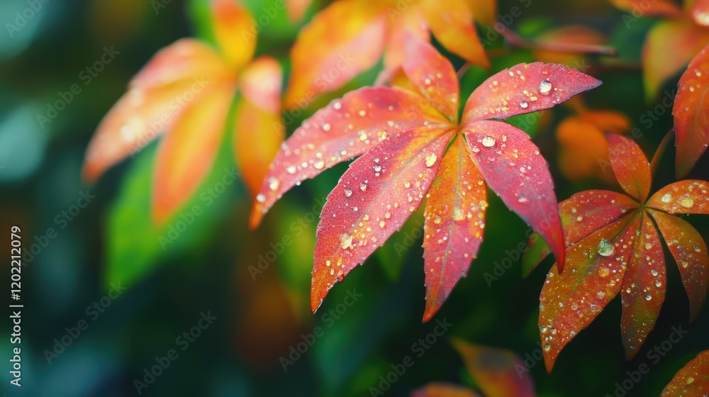 Colorful autumn leaves with water droplets, close-up photography, vibrant foliage, Copy Space for text Colorful autumn leaves with water droplets, close-up photography, vibrant foliage, Copy Space for text