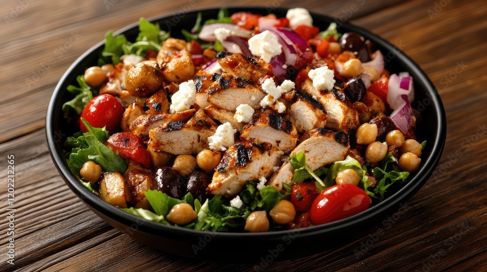 Grilled chicken salad with mixed greens cherry tomatoes and chickpeas on wooden table with copy space Grilled chicken salad with mixed greens cherry tomatoes and chickpeas on wooden table with copy space