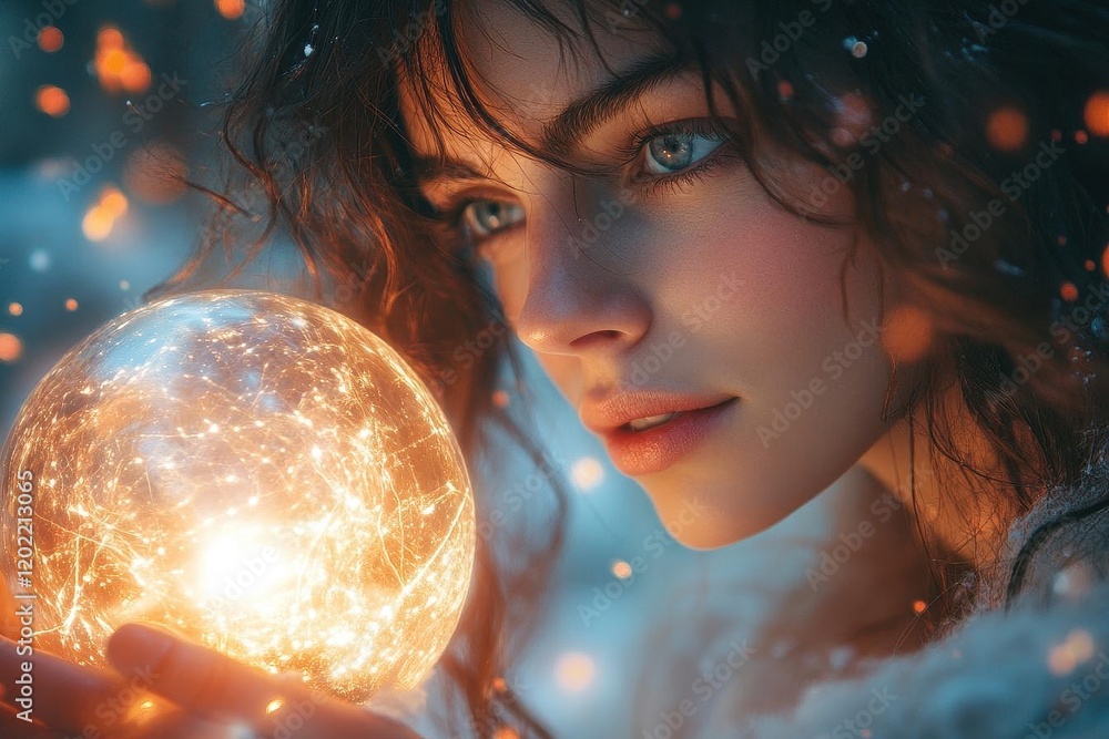 Naklejka premium mystical woman standing in twilight, her intense gaze directed at a glowing crystal ball, surrounded by swirling energies, evoking a sense of prophecy and spiritual connection