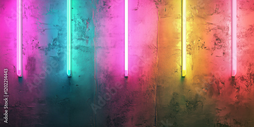 Neon light background. Rainbow color. Disco party wall. Festive art surface. 