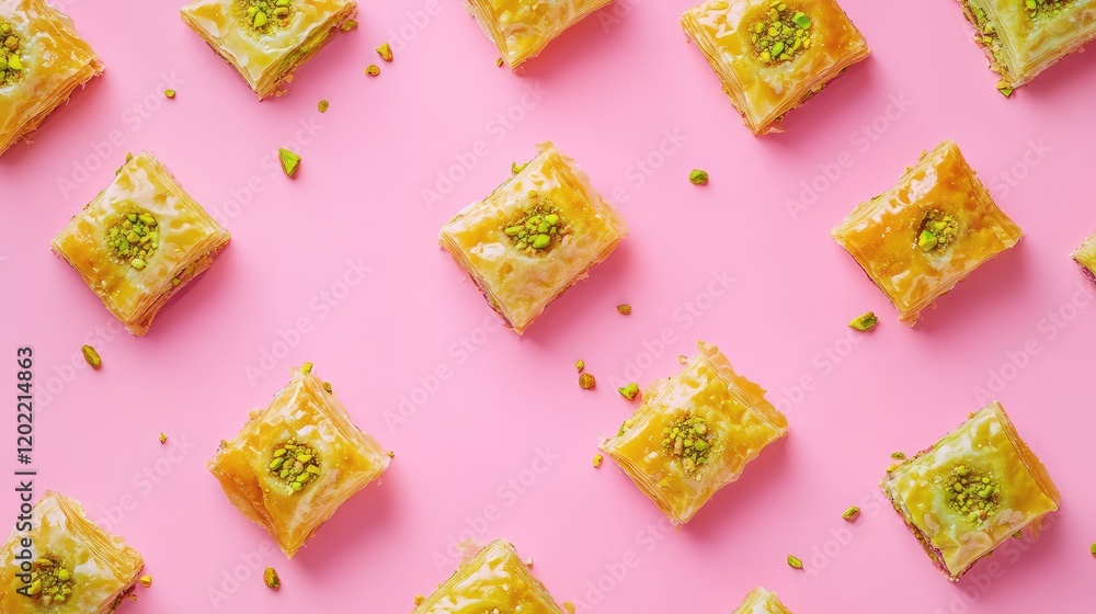 Baklava Sweets Arrangement on Pink Background with Copy Space for Text Baklava Sweets Arrangement on Pink Background with Copy Space for Text