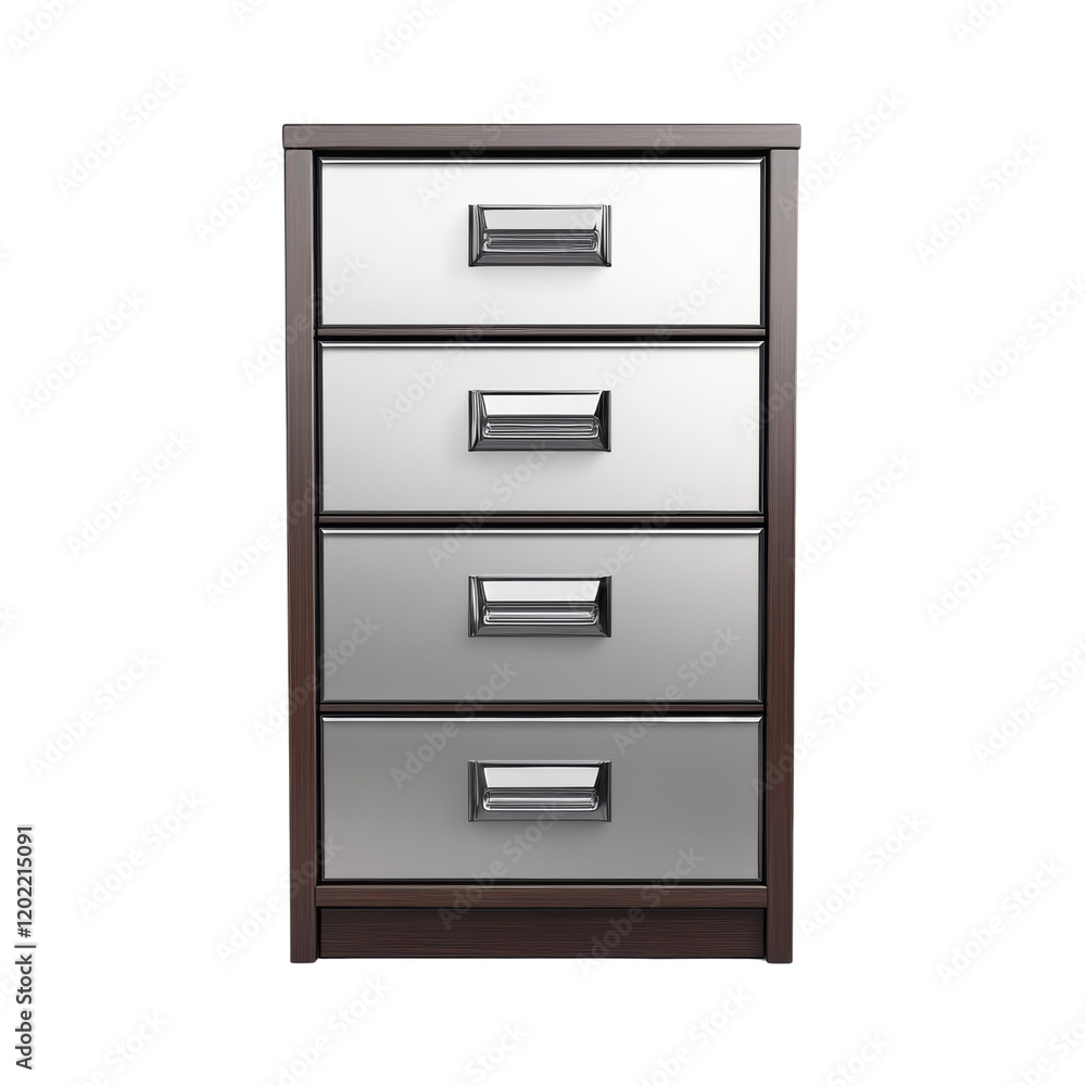 A modern four drawer wooden chest with silver metallic fronts and sleek handles is shown against a white background. A modern four drawer wooden chest with silver metallic fronts and sleek handles is shown against a white background.