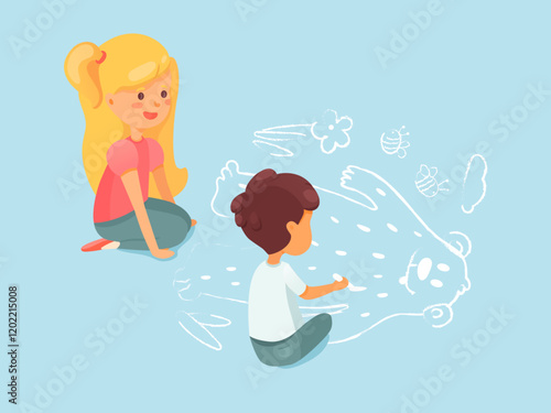 Kids drawing with chalk on asphalt illustration. Little boy making bear sketch on street. Preschoolers create crayon paintings on sidewalk. Cartoon friends, siblings enjoy summer outdoor activities.