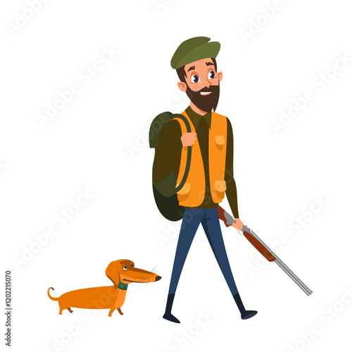 Hunter with dog flat vector illustration. Young man with rucksack holding rifle cartoon character. Smiling backpacker with pet in forest. Hunting season, guy searching prey with gun dog.