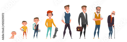 Man life cycle, stages flat vector illustration. Cartoon male characters. Person growth process, phases. Infancy, childhood, maturity and senility. Baby, teenager, adult and senior.