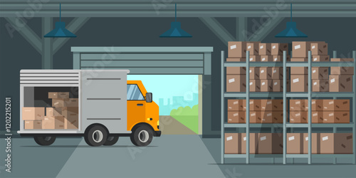 Warehouse indoor flat vector illustration. Factory storehouse background. Distribution, logistics, shipment concepts.