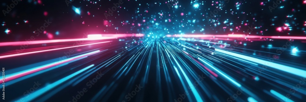 Obraz premium Futuristic neon light streaks and sparkling stars in a digital space concept