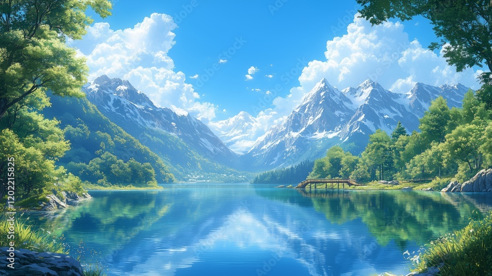 Majestic mountain landscape with clear blue lake and vibrant greenery under a sunny sky Majestic mountain landscape with clear blue lake and vibrant greenery under a sunny sky