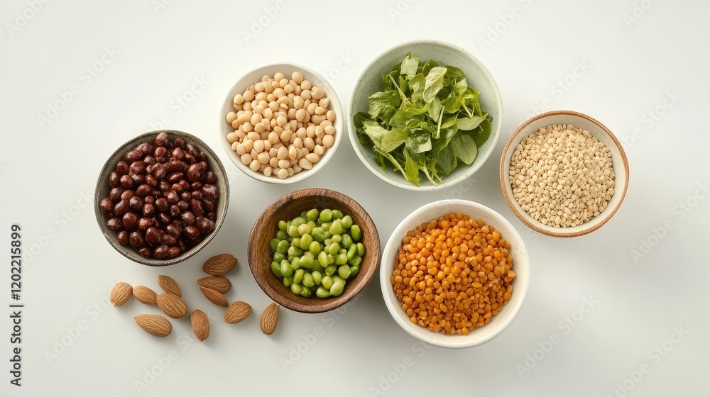 Assorted legumes and greens in ceramic bowls with almonds on a light background Copy Space Assorted legumes and greens in ceramic bowls with almonds on a light background Copy Space