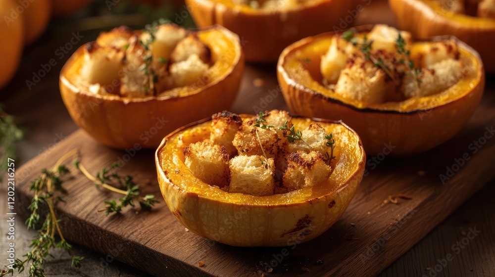 Baked pumpkin halves filled with croutons and herbs on a wooden cutting board with fresh thyme and pumpkin pieces in the background Copy Space Baked pumpkin halves filled with croutons and herbs on a wooden cutting board with fresh thyme and pumpkin pieces in the background Copy Space