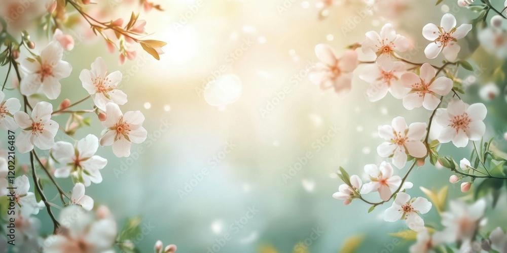Cherry blossoms are in full bloom, illuminated by gentle sunlight in a garden, creating a serene and tranquil atmosphere during spring Cherry blossoms are in full bloom, illuminated by gentle sunlight in a garden, creating a serene and tranquil atmosphere during spring