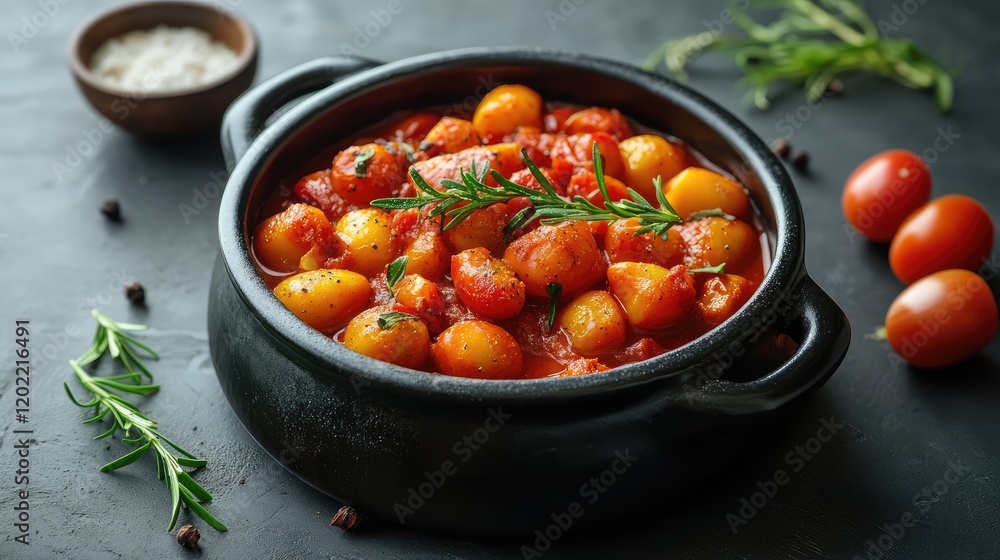 Freshly cooked tomato and potato stew in black ceramic pot with herbs on dark slate background and cherry tomatoes nearby Copy Space Freshly cooked tomato and potato stew in black ceramic pot with herbs on dark slate background and cherry tomatoes nearby Copy Space