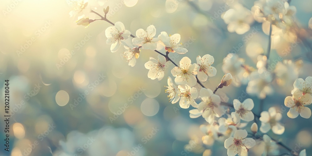 Fototapeta premium Delicate white flowers bloom on branches, illuminated by the soft glow of morning sunlight, enhancing the peaceful ambiance of the garden