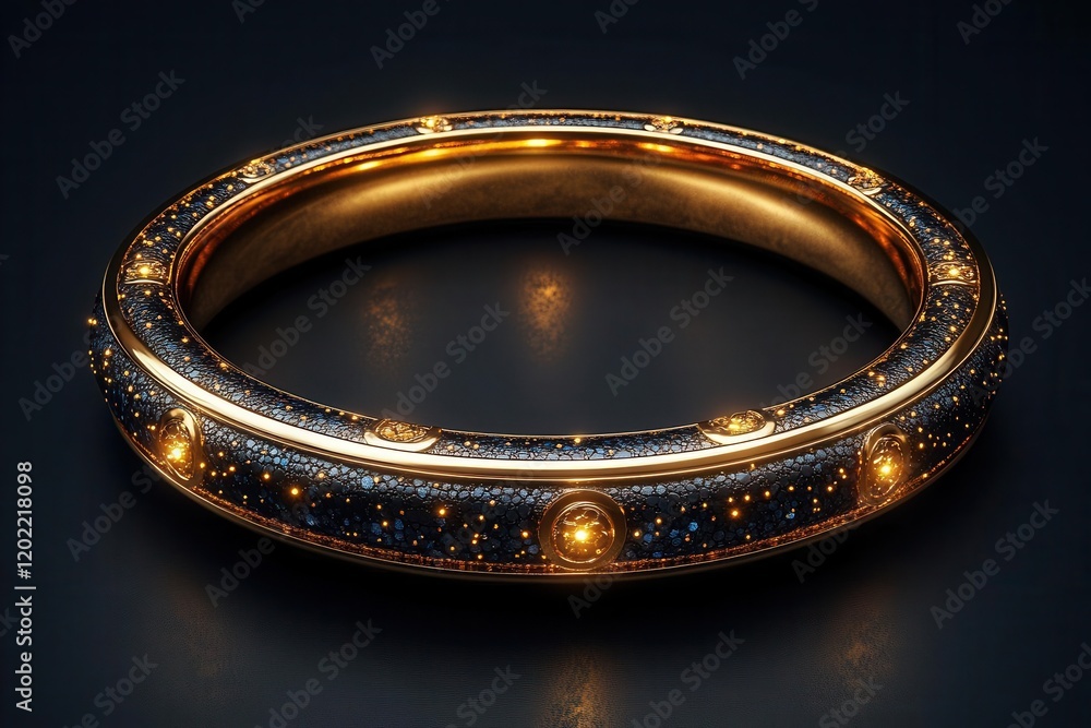 opulent 3d golden ring frame with intricate metallic details, floating against deep black background with subtle light reflections opulent 3d golden ring frame with intricate metallic details, floating against deep black background with subtle light reflections