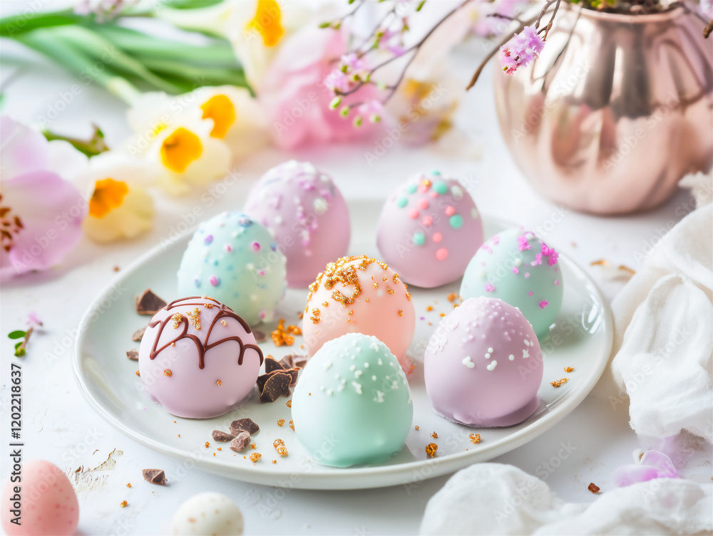 Easter Chocolate Truffles with Pastel Icing and Candied Flowers Easter Chocolate Truffles with Pastel Icing and Candied Flowers