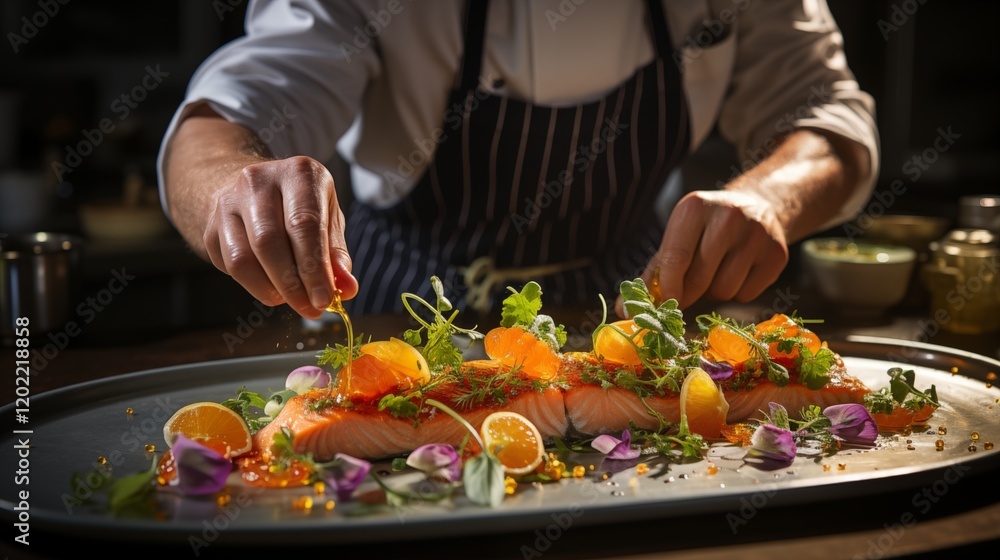 Chef preparing a delicious dinner in the kitchen with fresh ingredients, vegetables, and a gourmet dish on a plate Chef preparing a delicious dinner in the kitchen with fresh ingredients, vegetables, and a gourmet dish on a plate