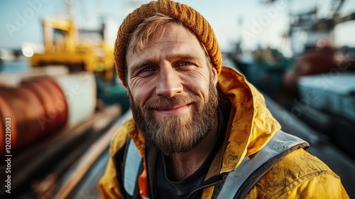 Close-up portrait of a smiling bearded man in a yellow raincoat. Behind him are the blurred outlines of a boat and harbor in vivid sunlight, depicting daily life at sea. photo