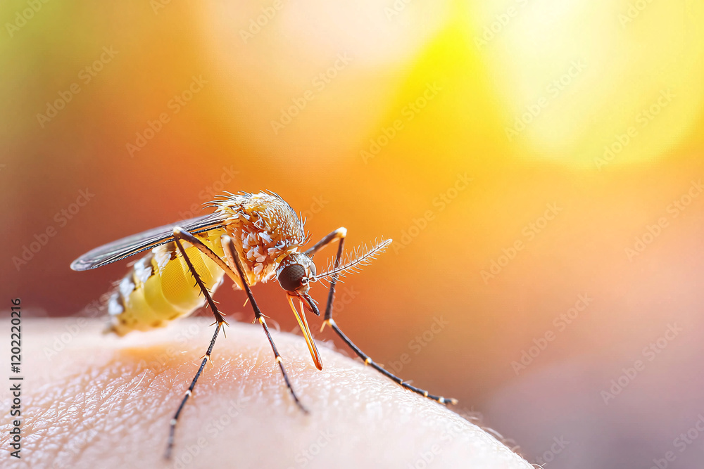 Close up of Arctic mosquito on skin, showcasing its detailed features and vibrant background. image captures essence of nature and intricate beauty of insects Close up of Arctic mosquito on skin, showcasing its detailed features and vibrant background. image captures essence of nature and intricate beauty of insects